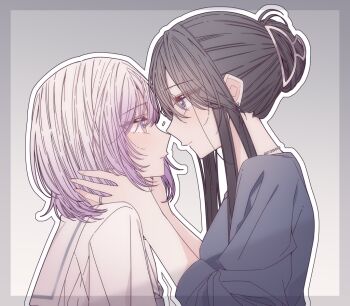 2girls black_hair border cheating_(relationship) commentary eye_contact gradient_hair grey_background grey_border grey_shirt hair_bun hand_on_another's_neck hashtag-only_commentary hitozuma_kyoushi_ga_oshiego_no_joshikousei_ni_dohamari_suru_hanashi ichigohara_itsuki jewelry kousaka_0v0 looking_at_another medium_hair multicolored_hair multiple_girls necklace outline pink_hair purple_eyes ring school_uniform serafuku shirt sidelocks togawa_rin wedding_ring white_hair white_outline white_shirt yuri