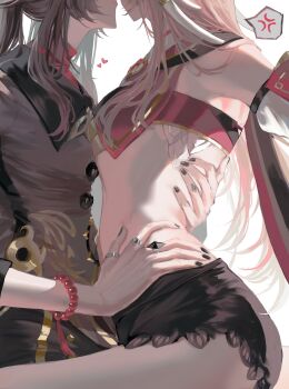 2girls anger_vein bare_shoulders bead_bracelet beads black_nails black_shorts bracelet breasts brown_hair chinese_clothes detached_sleeves eyes_out_of_frame flat_chest genshin_impact hands_on_another's_back hands_on_another's_stomach hashtag-only_commentary head_out_of_frame heart highres horns hu_tao_(genshin_impact) jewelry leg_between_thighs long_hair midriff multiple_girls multiple_rings navel nutthanunkhomk1 pink_hair ring short_shorts shorts spoken_anger_vein white_background yanfei_(genshin_impact) yuri