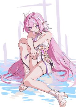 1girl absurdres bare_shoulders black_shrug breasts chinese_commentary commentary_request corset cy_fei diamond-shaped_pupils diamond_(shape) elf elysia_(herrscher_of_human:_ego)_(honkai_impact) elysia_(honkai_impact) high_heel_sandals high_heels highres honkai_(series) honkai_impact_3rd large_breasts long_hair looking_at_viewer multicolored_hair pink_hair pointy_ears purple_eyes sandals shrug_(clothing) sitting smile solo symbol-shaped_pupils thigh_strap thighs toes triquetra two-tone_hair very_long_hair white_corset white_hair