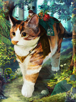 1boy animal animal_focus artist_logo artist_name book brown_hair cat commentary_request day forest glass_jar glasses highres kamimon2016 logo nature open_book original outdoors oversized_animal path reading riding riding_animal road short_hair very_short_hair watermark