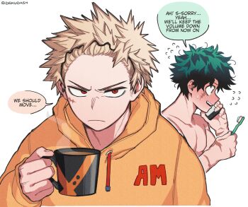 2boys absurdres bakugou_katsuki blonde_hair blush boku_no_hero_academia cellphone closed_mouth cup dekudash english_text green_eyes green_hair highres holding holding_cup holding_phone holding_toothbrush hood hoodie implied_yaoi looking_at_viewer male_focus midoriya_izuku multiple_boys multiple_scars nipples nude orange_hoodie phone protected_link red_eyes scar scar_on_arm scar_on_face scar_on_hand short_hair simple_background smartphone speech_bubble spiked_hair talking_on_phone toothbrush twitter_username white_background