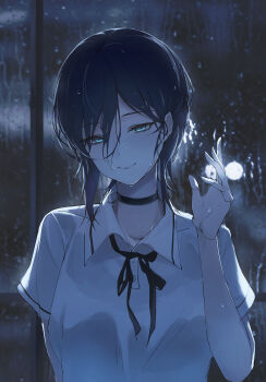 1girl absurdres aqua_eyes black_choker black_hair chainsaw_man choker highres moda_(mo_da_3) rain reze_(chainsaw_man) smile solo upper_body water_drop wet wet_hair