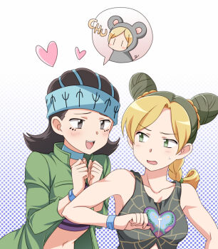 Rule 34 | 2girls, animal costume, black eyes, black hair, blonde hair, blush, braid, braided bun, choker, coat, crop top, double bun, facial mark, green eyes, green hair, gwess, hair bun, ham pon, headband, heart, highres, jojo no kimyou na bouken, kuujou jolyne, looking at another, looking to the side, midriff, mouse costume, multicolored hair, multiple girls, navel, open clothes, open coat, open mouth, spoken character, stone ocean, sweatdrop, tank top, wristband