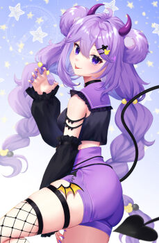 1girl absurdres ahoge bear_hair_ornament black_shirt black_sleeves black_tail blush braid character_request commission crop_top demon_tail detached_sleeves fishnet_thighhighs fishnets floating_hair hair_between_eyes hair_intakes hair_ornament hairclip highres horns long_hair long_sleeves looking_at_viewer mary_is_mine nail_polish purple_eyes purple_hair purple_horns purple_nails purple_shorts shirt short_shorts shorts skeb_commission skindentation sleeveless sleeveless_shirt solo tail thigh_strap thighhighs tongue tongue_out twin_braids twintails very_long_hair virtual_youtuber