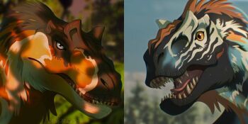 allosaurus animal_focus artist_name astarcis black_feathers blurry blurry_background commentary dinosaur english_commentary fangs feathered_dinosaur feathers highres no_humans open_mouth portrait red_feathers sharp_teeth teeth tongue watermark white_eyes white_feathers yellow_eyes yutyrannus