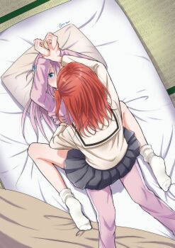 2girls artist_name blue_eyes blush bocchi_the_rock! chorisow_(delta_chord) commentary_request cube_hair_ornament from_above futon girl_on_top gotoh_hitori groping hair_between_eyes hair_ornament hand_under_clothes highres holding holding_another's_wrists jacket kita_ikuyo long_hair long_sleeves lying multiple_girls on_back one_side_up pants pink_hair pink_jacket pink_pants pinned red_hair sailor_collar school_uniform shuka_high_school_uniform skirt socks straddling sweat tatami track_jacket track_pants white_socks yuri