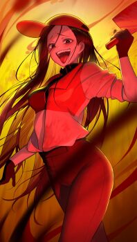 1girl baseball_cap black_eyes black_gloves black_hair black_pants butcher_vanity_(synthesizer_v) cleaver commentary crazy_smile crop_top english_commentary gloves glowing_pupils hair_between_eyes hat heart heart-shaped_pupils highres holding holding_cleaver jacket long_hair luciel_(lucielellis) open_clothes open_jacket open_mouth pale_skin pants red_hat red_pupils shirt smile symbol-shaped_pupils synthesizer_v teeth tongue tongue_out upper_teeth_only vimalion_pro white_jacket yellow_background yi_xi_(synthesizer_v)