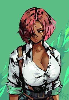 1girl breasts cleavage collared_shirt dark-skinned_female dark_skin facial_mark female_focus forehead_mark giovanna_(guilty_gear) guilty_gear guilty_gear_strive highres large_breasts lips prog_ares red_hair shirt short_hair solo suspenders