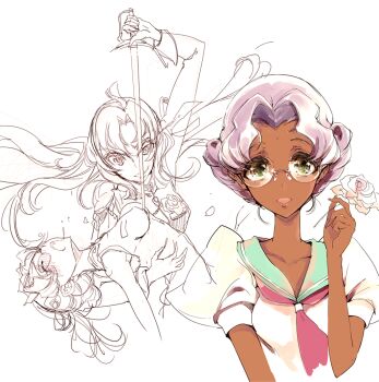 1990s_(style) 2girls aiguillette bindi carrying collarbone dark-skinned_female dark_skin endou_okito epaulettes flower glasses green_eyes grin hair_intakes himemiya_anthy long_hair md5_mismatch multiple_girls open_mouth princess_carry purple_hair rapier resized retro_artstyle rose round_eyewear school_uniform serafuku short_sleeves shoujo_kakumei_utena simple_background smile sword tenjou_utena uneven_eyes weapon white_flower white_rose