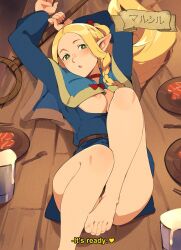Rule 34 | 1girl, areola slip, barefoot, belt, blonde hair, blue capelet, brown belt, capelet, commentary, dungeon meshi, elf, english commentary, english text, feet, foot out of frame, green eyes, highres, holding, holding staff, knee up, legs, long hair, looking at viewer, lying, marcille donato, on back, on table, open mouth, parted bangs, pointy ears, solo, squeezable (squeezabledraws), staff, subtitled, table, toenails, toes, wooden table