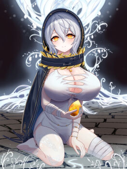 1girl absurdres bandaged_arm bandaged_leg bandages bare_shoulders black_cloak breasts cleavage cloak code_vein commentary_request dress gold_trim hair_between_eyes highres hood hooded_cloak huge_breasts io_(code_vein) looking_at_viewer potatomato8 short_hair solo torn_clothes torn_dress white_dress white_hair yellow_eyes