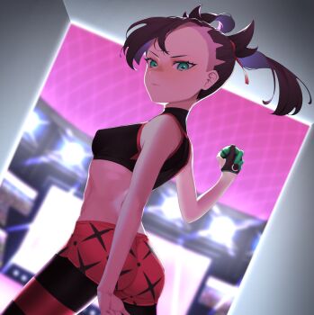 1girl absurdres ass asymmetrical_bangs black_gloves black_hair black_pantyhose black_shirt blurry blurry_background breasts closed_mouth contrapposto cowboy_shot crop_top dusk_ball dutch_angle expressionless eyelashes female_focus fingerless_gloves floating_hair forehead gloves green_eyes green_gloves hair_ribbon hallway highres komadera lips looking_at_viewer marnie_(pokemon) medium_breasts medium_hair midriff nintendo pantyhose poke_ball pokemon pokemon_swsh ribbon screen shirt single_glove sleeveless sleeveless_shirt solo stadium stage_lights taut_clothes turtleneck twintails twisted_torso two-tone_gloves