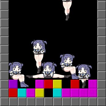 1girl bad_proportions black_background blue_archive chibi hair_ornament jacket jacket_partially_removed purple_hair sechi_(sechihyeo) sitting spread_legs tetris thick_thighs thighs triangle_hair_ornament two-sided_fabric two-sided_jacket two_side_up video_game what yuuka_(blue_archive)