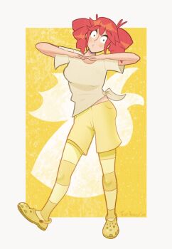 1girl artist_name birdbrain_(synthesizer_v) blush breasts crocs green_pantyhose green_sandals green_shirt head_tilt highres kasane_teto looking_at_viewer medium_breasts pantyhose pantyhose_under_shorts puckered_lips red_eyes red_hair sandals shirt short_hair short_sleeves shorts solo striped_clothes striped_pantyhose thataveragejoe tied_shirt twitter_username utau