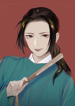 1boy axis_powers_hetalia black_hair blue_hanfu brown_eyes china_(hetalia) chinese_clothes commentary_request fingernails hand_fan hand_up hanfu holding holding_fan huacai long_hair long_sleeves looking_at_viewer low_ponytail male_focus ponytail red_background red_lips sidelocks simple_background smile solo tassel teeth upper_body wide_sleeves