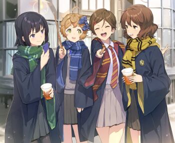 Rule 34 | 3s (tarariko), 4girls, blue scarf, brown hair, cosplay, green scarf, harry potter (series), hibike! euphonium, hogwarts school uniform, holding, holding stick, katou hazuki, kawashima sapphire, kousaka reina, multiple girls, oumae kumiko, red scarf, scarf, school uniform, stick, wizarding world, yellow scarf
