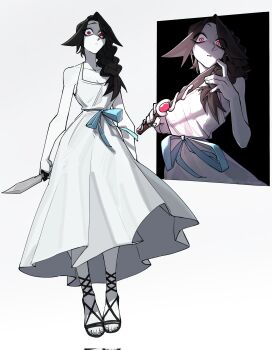 1girl artist_name bare_arms black_hair braid breasts cleavage closed_mouth collarbone colored_skin commission dress feet female_focus floating full_body highres holding holding_knife knife lace_trim long_hair low-braided_long_hair low-tied_long_hair original parted_bangs red_eyes sandals shisuyami_nee simple_background small_breasts solo toes white_background white_dress white_skin wide-eyed