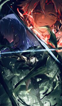 3boys absurdres black_hair black_pants burn_scar cloak cross cross_earrings earrings geshu_lin_(wuthering_waves) grey_eyes grey_hair heterochromia highres holding holding_sword holding_weapon jewelry linlinzhong long_hair looking_at_viewer male_focus missing_commentary multiple_boys pants parted_lips ponytail qiuyuan_(wuthering_waves) rain red_eyes scar scar_(wuthering_waves) scar_across_eye scar_on_face smile sword weapon white_cloak wuthering_waves