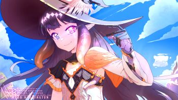 alternate_costume armor armpits asymmetrical_clothes asymmetrical_gloves asymmetrical_sleeves blue_sky choker cloud detached_sleeves fantasy flat_chest gauntlets gloves glowing glowing_eyes happy hat heterochromia highres hololive hololive_english long_hair mountain multicolored_hair ninomae_ina'nis noob_noobington pixel_art pointy_ears purple_eyes purple_hair single_gauntlet sky snapping_fingers sparkling_eyes takodachi_(ninomae_ina'nis) witch_hat