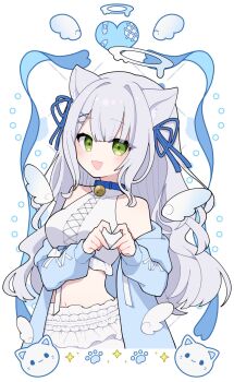 Rule 34 | 1girl, animal collar, animal ears, bare shoulders, blue hoodie, blue nails, blue ribbon, blunt bangs, breasts, cat, cat ears, cat girl, collar, commission, detached wings, dhumi, four-finger heart hands, grey hair, hair ornament, hair ribbon, halo, halterneck, happy, heart, heart hands, highres, hood, hood down, hoodie, indie virtual youtuber, light blush, long sleeves, looking at viewer, maten matyu, melting halo, midriff, mini wings, nail polish, navel, open clothes, open hoodie, open mouth, paw print, ribbon, ribbon border, second-party source, shirt, small breasts, smile, solo, sparkle, wavy hair, white background, white shirt, wings, x hair ornament