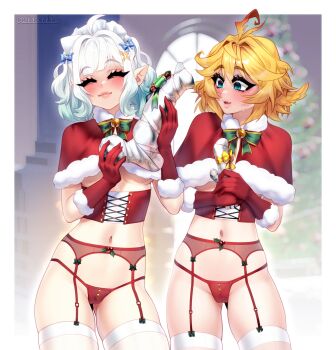 2girls absurdres ahoge aqua_hair bikini blonde_hair bow bowtie breasts christmas christmas_tree christmas_wreath closed_eyes coat corset densetsu.exe dildo dokibird fang feather_hair fur-trimmed_gloves fur_trim garter_belt garter_straps ghost_girl gift gloves green_eyes highres holding holding_gift holding_sex_toy huge_dildo implied_yuri indie_virtual_youtuber legs maid_headdress midriff mint_fantome multiple_girls navel nervous panties phloxberry pointy_ears red_gloves red_panties santa_bikini santa_costume sex_toy sexually_suggestive short_hair skin_fang small_breasts smile sweat swimsuit thighhighs thighs underboob underbust underwear virtual_youtuber white_hair wreath
