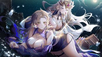 2girls aiona_(silver_and_blood) alternate_breast_size_(larger) annoyed barefoot black_leotard blonde_hair blue_collar breasts cape cloak closed_mouth clover collar detached_collar dress eyelashes eyes_visible_through_hair facial_mark feet_out_of_frame glowing grey_eyes hand_on_another&#039;s_back hati_(silver_and_blood) helm helmet high_collar highres hood hood_down hooded_cloak huge_breasts injury leg_ribbon leotard light_blush light_particles light_rays lips long_hair looking_ahead looking_at_another low_neckline magic medicine multiple_girls night night_sky official_alternate_costume outdoors ozzingo parted_bangs pendant_earring petals pointy_ears purple_cape purple_collar purple_dress purple_ribbon ribbon short_dress silver_and_blood sky star_(sky) starry_sky strapless strapless_dress thigh_strap torn_clothes torn_dress transcendent_hati_(silver_and_blood) treasure_chest very_long_hair whisker_markings white_cloak white_hair yellow_eyes