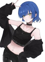 Rule 34 | 1girl, arm up, black choker, black jacket, black pants, black tank top, blue hair, blush, bocchi the rock!, choker, closed mouth, commentary, cowboy shot, expressionless, hashtag-only commentary, highres, jacket, jewelry, lace, lace choker, looking at viewer, mam0524, midriff, mole, mole under eye, navel, necklace, off shoulder, open clothes, open jacket, pants, short hair, simple background, sleeves past wrists, solo, standing, tank top, v, white background, yamada ryo, yellow eyes