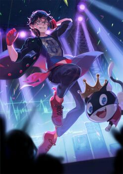amamiya_ren audience bandana bandana_around_neck behind-the-head_headphones black-framed_eyewear black_cat black_hair black_jacket cat commentary_request confetti crown glasses gloves headphones highres jacket morgana_(persona_5) naked_cat pants persona persona_5:_dancing_star_night persona_dancing plaid_clothes plaid_pants print_shirt red_bandana red_gloves red_shoes shirt shoes sneakers spotlight stage stage_lights t-shirt tuxedo_cat