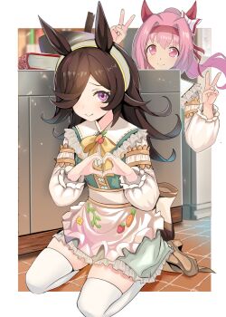 2girls animal_ears apron bigboss021 blush book bow brown_hair carrot closed_mouth double_v ear_bow ear_covers flipped_hair floor flower-shaped_pupils flower_in_eye food fruit hair_over_one_eye hairband haru_urara_(umamusume) headband highres horse_ears horse_girl horse_tail long_hair looking_at_viewer multiple_girls on_floor pink_eyes pink_hair pink_headband ponytail purple_eyes rice_shower_(umamusume) rice_shower_(yummy_dreamy_fairy)_(umamusume) shirt shoes skirt smile strawberry symbol-shaped_pupils symbol_in_eye tail thighhighs umamusume v waist_apron white_thighhighs
