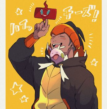 1boy black_hair black_hoodie blush closed_eyes commentary_request dark-skinned_male dark_skin earrings fingernails gen_4_pokemon gen_6_pokemon goomy gym_leader hanako_(hanahanako03) hood hood_down hoodie jewelry long_sleeves nintendo open_mouth orange_headwear pokemon pokemon_(creature) pokemon_swsh raihan_(pokemon) rotom rotom_phone smile star_(symbol) tongue
