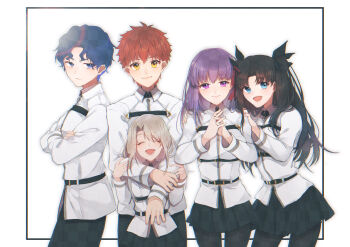 2boys 3girls :d absurdres belt black_belt black_hair black_pants black_pantyhose black_skirt blue_eyes blue_hair brown_hair chaldea_uniform checkered_clothes checkered_legwear checkered_pants checkered_skirt closed_eyes closed_mouth cosplay crossed_arms emiya_shirou fate/grand_order fate/stay_night fate_(series) fujimaru_ritsuka_(female) fujimaru_ritsuka_(female)_(cosplay) fujimaru_ritsuka_(male) fujimaru_ritsuka_(male)_(cosplay) hands_on_another&#039;s_shoulders highres hug hug_from_behind illyasviel_von_einzbern jacket long_hair long_sleeves looking_at_viewer matou_sakura matou_shinji miniskirt multiple_boys multiple_girls open_mouth own_hands_together pants pantyhose pleated_skirt purple_eyes purple_hair short_hair silver_hair skirt smile standing suna_co tohsaka_rin wavy_hair white_background white_jacket yellow_eyes