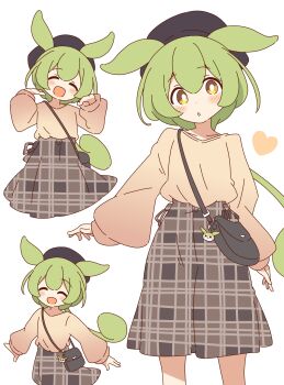 1girl :d :o ^_^ absurdres alternate_costume animal_ears black_hat blush bright_pupils brown_shirt brown_skirt closed_eyes dot_nose double-parted_bangs feet_out_of_frame green_hair hands_up hat heart highres long_hair long_sleeves looking_at_viewer multiple_views open_mouth plaid_clothes plaid_skirt shirt simple_background skirt smile standing unmoving_pattern voicevox white_background white_pupils yellow_eyes zundamon zundamon_(utau) zungurimukkuri_tarou