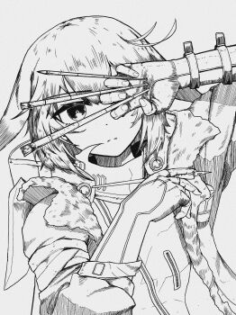 Rule 34 | 1girl, absurdres, arknights, arm up, chinese commentary, closed mouth, coat, commentary request, crownslayer (arknights), diamond-shaped pupils, diamond (shape), expressionless, fingerless gloves, fur-trimmed coat, fur trim, gloves, greyscale, hair flaps, hand over eye, hand up, highres, holding, holding paintbrush, holding pen, hood, hood down, hooded coat, jacket, monochrome, nib pen (object), one eye covered, open clothes, open coat, paintbrush, pen, reach (aavv2223), simple background, solo, symbol-shaped pupils, upper body, white background