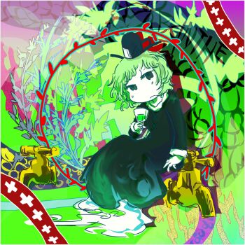 1girl absinthe alcohol faucet female_focus ghost_tail green_eyes green_hair hat jizeru_(giselebon) matching_hair/eyes psychedelic soga_no_tojiko solo tate_eboshi touhou