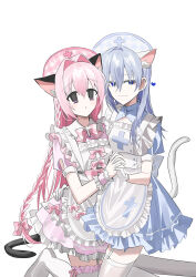 Rule 34 | 2girls, :o, animal ear fluff, animal ears, apron, blue dress, blue eyes, blue hair, blue hat, bow, braid, cat ears, cat girl, cat tail, chihuri, closed mouth, commentary request, dress, earrings, ende (chihuri), extra ears, frilled apron, frills, garter straps, gloves, hair between eyes, hair bow, hair intakes, hat, heart, highres, holding hands, interlocked fingers, jewelry, kneeling, long hair, multiple girls, nea (chihuri), nurse, original, parted lips, pink bow, pink dress, pink hair, pink hat, plaid headwear, puffy short sleeves, puffy sleeves, purple eyes, short sleeves, smile, stud earrings, tail, thighhighs, very long hair, white apron, white gloves, white thighhighs, wrist cuffs