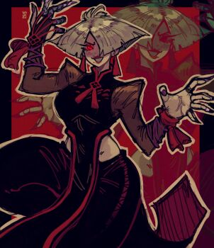 1girl a.k.i._(street_fighter) absurdres arm_up black_dress black_pants breasts chinese_clothes claw_ring commentary cowboy_shot different_zoom_layer dress earrings grey_hair hair_over_one_eye hand_up highres jewelry large_breasts long_sleeves looking_at_viewer mole mole_under_mouth one_eye_covered outline pants parted_bangs red_background red_eyes short_hair smile street_fighter street_fighter_6 tassel tassel_earrings tsurime widisu yellow_outline