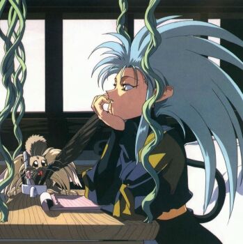1990s_(style) 1girl cabbit earrings fake_tail green_hair head_rest indoors jewelry layered_sleeves long_hair long_sleeves non-web_source notebook official_art pen plant profile retro_artstyle ryou-ouki ryouko_(tenchi_muyou!) sitting solo spiked_hair table tail tenchi_muyou! turtleneck vines yellow_eyes
