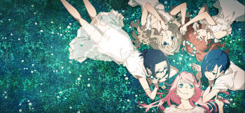 5girls aqua_eyes black_hair blue_eyes blue_hair blush brown_hair circle_formation closed_eyes darling_in_the_franxx dress eyeshadow field finger_to_mouth flower flower_field glasses grass green_eyes green_theme hair_flower hair_ornament hair_spread_out hairclip half-closed_eyes hand_in_own_hair highres holding_another&#039;s_hair holding_hands horns ichigo_(darling_in_the_franxx) ikuno_(darling_in_the_franxx) kokoro_(darling_in_the_franxx) long_hair looking_at_another lying makeup miku_(darling_in_the_franxx) multiple_girls official_art on_back on_grass on_ground on_stomach open_mouth parted_lips pink_hair red_eyeshadow see-through_dress_layer short_hair shushing sleeping smile twintails yoneyama_mai zero_two_(darling_in_the_franxx)