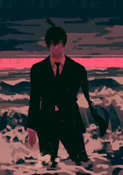 Rule 34 | 1boy, no arms, black hair, black jacket, black necktie, black pants, chainsaw man, collared shirt, evening, foaming waves, formal clothes, hayakawa aki, highres, in water, jacket, looking at viewer, necktie, pants, sakutaro (39ar 39ca), shirt, short hair, sky, solo, suit, topknot, water, white shirt