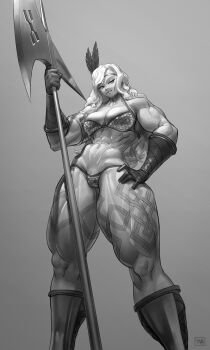1girl abs absurdres amazon_(dragon's_crown) armor axe battle_axe bikini boots breasts chainmail circlet cowboy_shot dragon's_crown feather_hair_ornament female_pubic_hair gloves grey_background greyscale hair_ornament hand_on_own_hip highres large_breasts long_hair from_below low_angle monochrome muscular muscular_female pubic_hair pubic_hair_peek smile solo swimsuit tattoo thick_thighs thighs vanillaware wass_nonnam weapon
