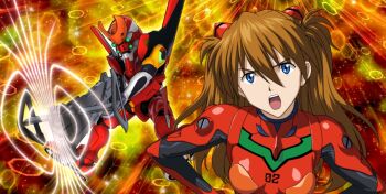 1girl :o bandai_namco blue_eyes bodysuit breasts brown_hair eva_02 gun hands_on_own_hips highres holding holding_weapon interface_headset_(evangelion) long_hair mecha mecha_pilot_suit medium_breasts neon_genesis_evangelion orange_hair plugsuit_(evangelion) red_bodysuit rifle robot souryuu_asuka_langley standing super_robot_wars super_robot_wars_dd two_side_up very_long_hair weapon