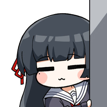 1girl :3 black_hair black_shirt chisa_(wuthering_waves) closed_eyes commentary hair_ribbon long_hair mole mole_under_eye peeking_out red_ribbon ribbon sailor_collar shirt simple_background solo sticker_(medium) symbol-only_commentary twomoon white_background white_sailor_collar wuthering_waves