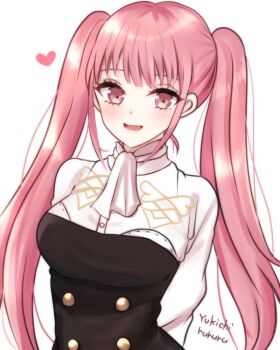 1girl arms_behind_back artist_name ascot blush buttons commentary_request fire_emblem fire_emblem:_three_houses garreg_mach_monastery_uniform heart highres hilda_valentine_goneril long_hair looking_at_viewer nintendo open_mouth pink_eyes pink_hair simple_background smile solo twintails white_ascot white_background yukichi_(yukichi_rururu)