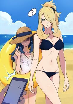 2girls ? age_difference angry beach bikini black_bikini blonde_hair blue_eyes blue_hair breasts cleavage collarbone cynthia_(pokemon) dawn_(pokemon) fingernails flat_chest grey_eyes hat height_difference innertube large_breasts long_hair matching_hair/eyes middle_finger multiple_girls navel ocean one-piece_swimsuit open_mouth phone pokemon pokemon_diamond/pearl/platinum ponytail pov pov_hands sand speech_bubble sun_hat swim_ring swimsuit water