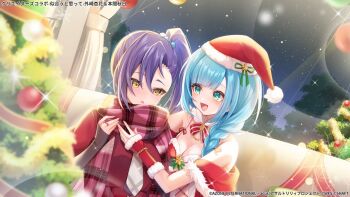 Rule 34 | 2girls, :d, adjusting another's clothes, aqua eyes, aqua hair, aqua scrunchie, arm around shoulder, arm tattoo, assault lily, asymmetrical bangs, bare shoulders, blunt bangs, blurry, blurry foreground, blush, bow, bowtie, bracelet, braid, breasts, capelet, christmas, christmas ornaments, clothing cutout, collar, commentary request, copyright notice, couch, cross-laced clothes, cross-laced cutout, curtains, dutch angle, fur-trimmed capelet, fur-trimmed headwear, fur-trimmed sleeves, fur trim, green ribbon, hair between eyes, hair ornament, hair over shoulder, hair scrunchie, hand up, hands up, hat, hat ribbon, high-waist skirt, highres, honma akehi, indoors, jewelry, kanba girls high school uniform, long hair, long sleeves, looking ahead, looking at another, looking down, medium breasts, miyagi ratona, multiple girls, night, off shoulder, official alternate costume, official art, on couch, open mouth, parted lips, pink scarf, plaid clothes, plaid scarf, pom pom (clothes), purple hair, red bow, red bowtie, red capelet, red shirt, red skirt, ribbon, ring, santa costume, santa hat, scarf, school uniform, scrunchie, shirt, short sleeves, side-by-side, side braid, side ponytail, single braid, skirt, sleeveless, sleeveless shirt, sleeves past wrists, smile, spaghetti strap, star (sky), stomach cutout, tattoo, tozaki moka, upper body, white collar, window, yellow eyes