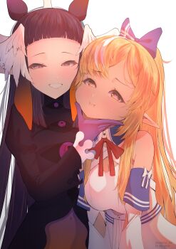 2girls absurdres blonde_hair blush breasts dated dress gloves hand_on_another's_face hashtag-only_commentary head_wings heart heart-shaped_pupils highres hololive hololive_english large_breasts long_hair mole mole_under_eye multiple_girls navel ninomae_ina'nis pointy_ears ponytail purple_eyes purple_gloves purple_hair shiranui_flare shiranui_flare_(1st_costume) smile symbol-shaped_pupils tako_takover_(ninomae_ina'nis) twitter_username valtaur virtual_youtuber white_background white_dress wings