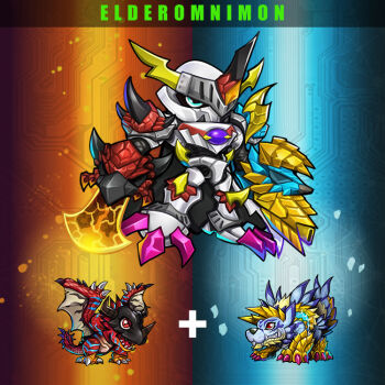 appleapie_art arm_blade arm_cannon blue_background blue_fur brown_wings character_name chest_jewel chibi digimon digimon_(creature) dragon full_body fusion horns humanoid_robot monster_hunter_(series) omegamon red_background red_eyes reusgreymon robot spiked_tail sword tail weapon wings wolf zinogarurumon
