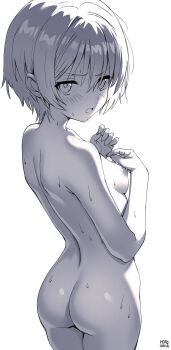 absurdres amate_yuzuriha artist_name ass blush breasts commentary covering_chest covering_privates cowboy_shot english_commentary from_behind greyscale gundam gundam_gquuuuuux hands_up head_cha_la highres monochrome nipples parted_lips short_hair sidelighting simple_background small_breasts standing sweat thighs v-shaped_eyebrows white_background