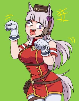 1girl 6_9 animal_ears bag blush_stickers breasts commentary cowboy_shot dress ear_covers galois gold_ship_(umamusume) green_background grey_hair horse_ears horse_girl horse_tail large_breasts paw_pose pillbox_hat purple_eyes red_dress short_dress solo tail tongue tongue_out umamusume