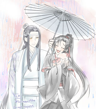 2boys :3 ahoge alcohol black_hair black_hanfu blush chinese_clothes closed_eyes closed_mouth commentary_request couple dated hair_ribbon hanfu headband holding holding_jug holding_umbrella jug_(bottle) lan_wangji liquor long_hair long_sleeves looking_at_another male_focus modao_zushi multiple_boys oil-paper_umbrella open_mouth ponytail rain red_ribbon red_sash ribbon robe sash shared_umbrella sidelocks smile standing sunmoon9994 topknot twitter_username umbrella very_long_hair watercolor_effect wei_wuxian white_hanfu white_headband white_sash white_umbrella wide_sleeves yaoi yellow_eyes